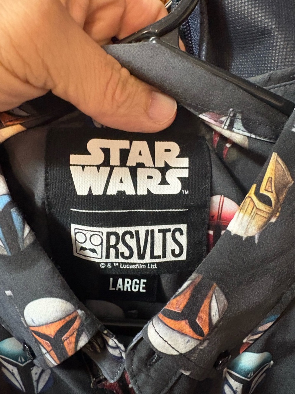 RSVLTS Black Short-Sleeve Button-Up Shirt with Mandalorian Helmet Print. Large - Picture 2 of 2